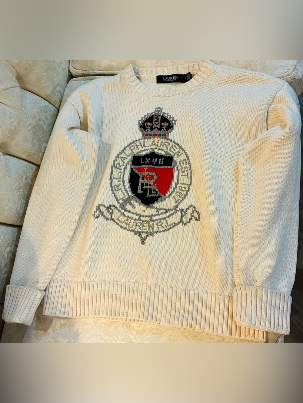 Ralph Lauren Cream Crewneck Sweater with Embroidered Crest